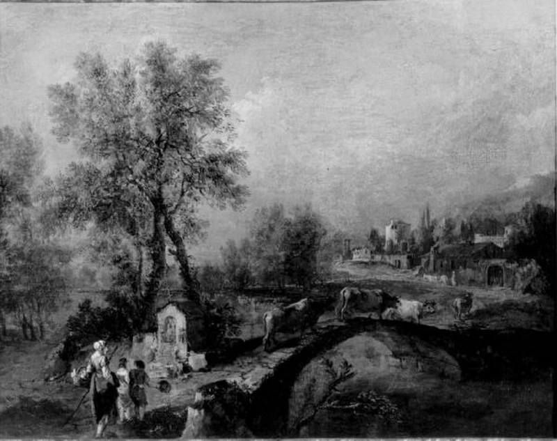 Paesaggio con grandi alberi e ponticello arcuato - Castello Sforzesco, Milano
